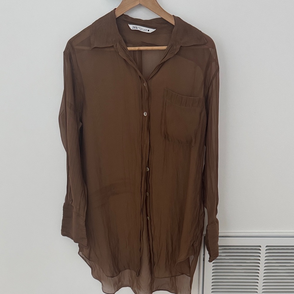 Zara Women’s Sheer Brown Button Down Shirt